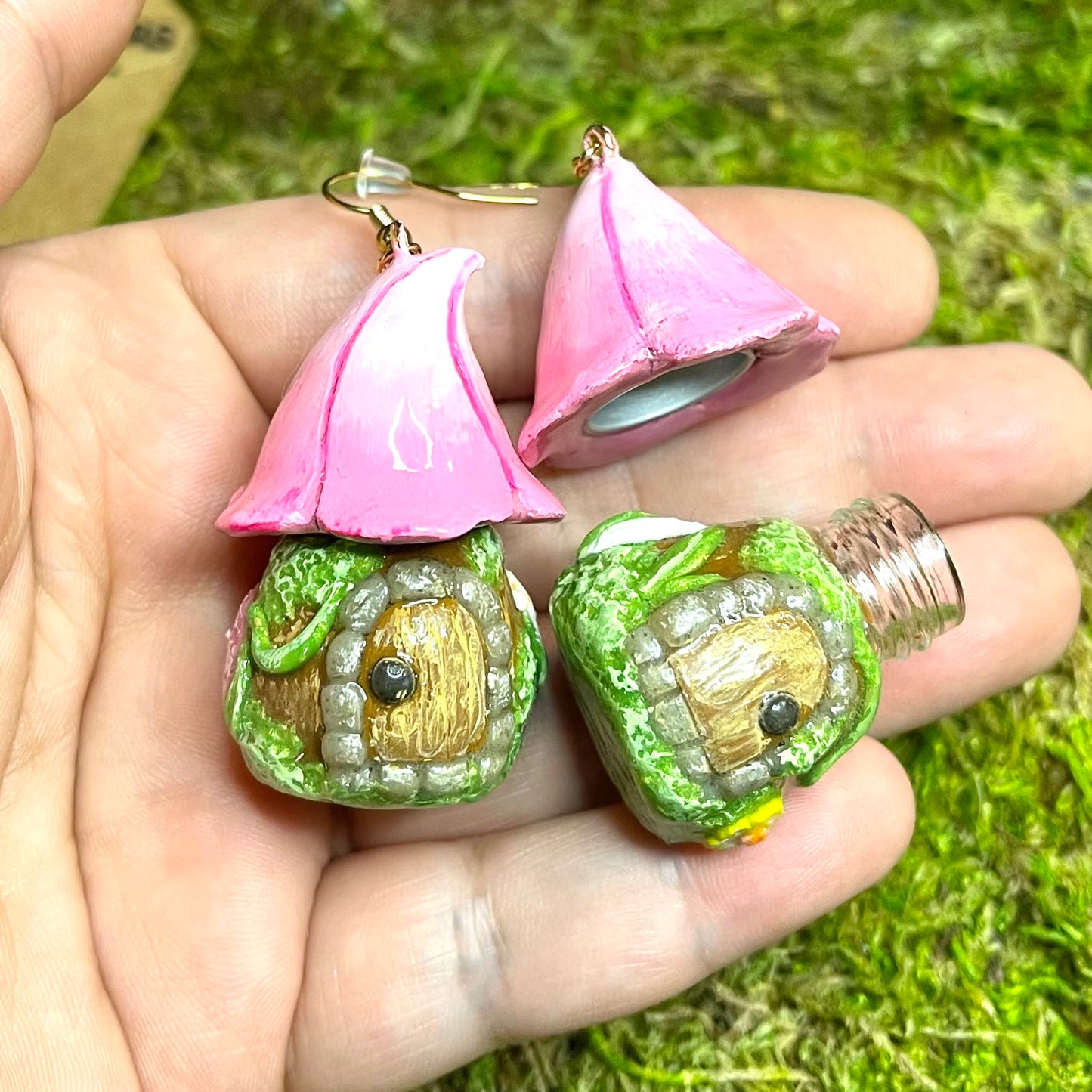 Stash Jar Earrings- Pink Fairy Houses